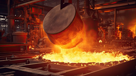 industrial metallurgical foundry factory, liquid molten metal pouring in ladle, heavy industry. Generative Aiの素材