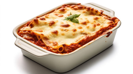 Lasagna in baking dish isolated on white background. Generative Aiの素材