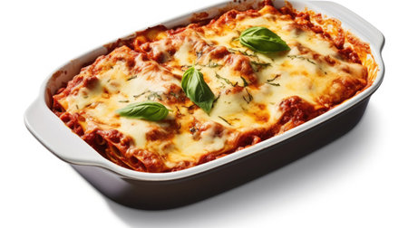 Lasagna in baking dish isolated on white background. Generative Aiの素材