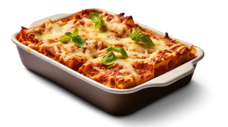 Lasagna in baking dish isolated on white background. Generative Aiの素材