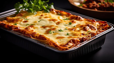 Lasagna in baking dish on the table in the restaurant. Generative Aiの素材