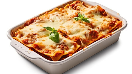 Lasagna in baking dish isolated on white background. Generative Aiの素材
