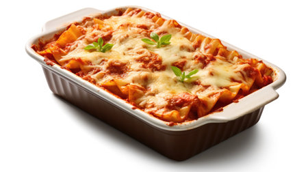 Lasagna in baking dish isolated on white background. Generative Aiの素材