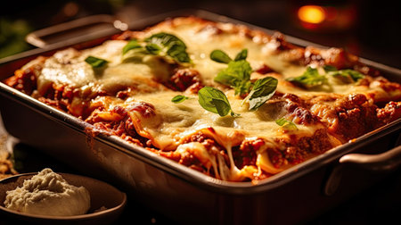 Lasagna in baking dish on the table in the restaurant. Generative Aiの素材
