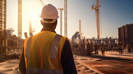 Architect or Civil Engineer Standing Outside with His Back to Camera in a Construction Site on a Bright Day. Man is Wearing a Hard Hat, Shirt and a Safety Vest. Generative Aiの素材