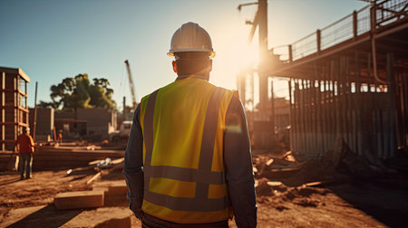 Architect or Civil Engineer Standing Outside with His Back to Camera in a Construction Site on a Bright Day. Man is Wearing a Hard Hat, Shirt and a Safety Vest. Generative Aiの素材