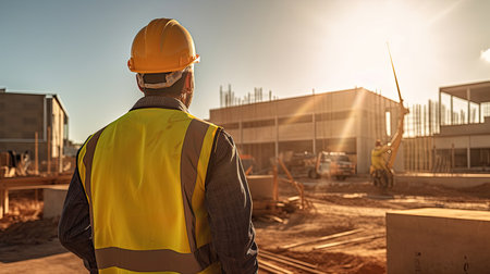Architect or Civil Engineer Standing Outside with His Back to Camera in a Construction Site on a Bright Day. Man is Wearing a Hard Hat, Shirt and a Safety Vest. Generative Aiの素材