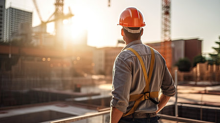 Architect or Civil Engineer Standing Outside with His Back to Camera in a Construction Site on a Bright Day. Man is Wearing a Hard Hat, Shirt and a Safety Vest. Generative Aiの素材