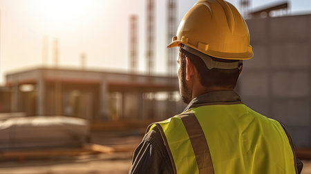 Architect or Civil Engineer Standing Outside with His Back to Camera in a Construction Site on a Bright Day. Man is Wearing a Hard Hat, Shirt and a Safety Vest. Generative Aiの素材