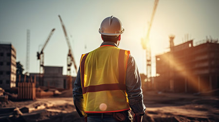Architect or Civil Engineer Standing Outside with His Back to Camera in a Construction Site on a Bright Day. Man is Wearing a Hard Hat, Shirt and a Safety Vest. Generative Aiの素材