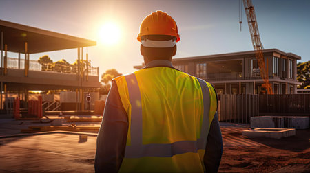 Architect or Civil Engineer Standing Outside with His Back to Camera in a Construction Site on a Bright Day. Man is Wearing a Hard Hat, Shirt and a Safety Vest. Generative Aiの素材