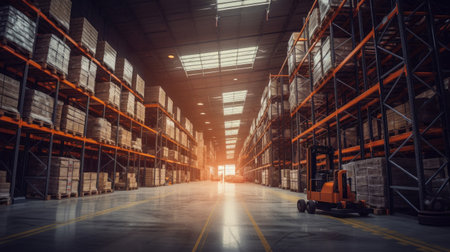 Panorama of huge distribution warehouse with high shelves with forklift at large warehouse. Generative Aiの素材