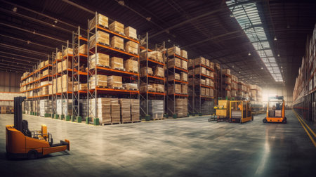 Panorama of huge distribution warehouse with high shelves with forklift at large warehouse. Generative Aiの素材