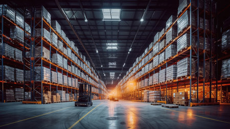 Panorama of huge distribution warehouse with high shelves with forklift at large warehouse. Generative Aiの素材