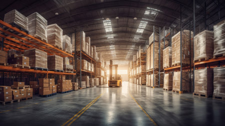Panorama of huge distribution warehouse with high shelves with forklift at large warehouse. Generative Aiの素材
