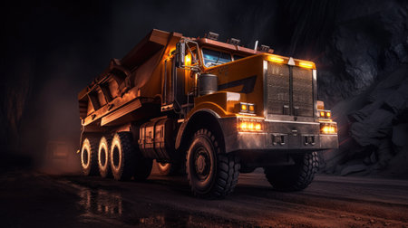 Large quarry dump truck in coal mine at night. Loading coal into body work truck. Generative Aiの素材