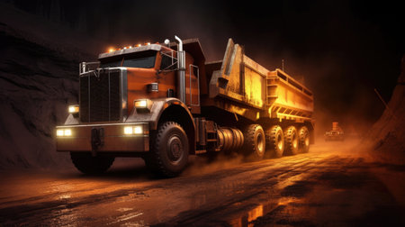 Large quarry dump truck in coal mine at night. Loading coal into body work truck. Generative Aiの素材