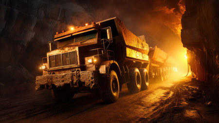 Large quarry dump truck in coal mine at night. Loading coal into body work truck. Generative Aiの素材