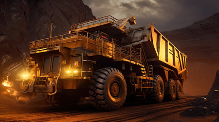 Big yellow mining truck for coal anthracite. Open pit mine industry. Generative Aiの素材