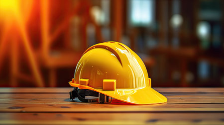 A yellow safety construction helmet on a table at construction site. Generative Aiの素材