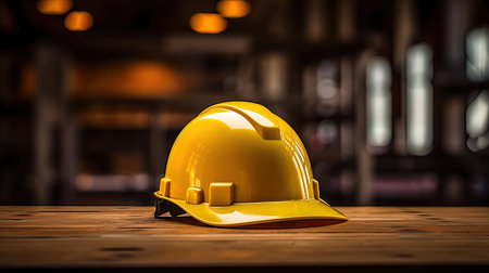 A yellow safety construction helmet on a table at construction site. Generative Aiの素材