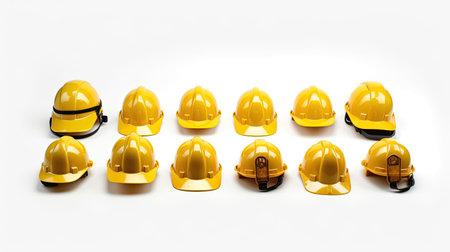 Set of Yellow deferential helmet, construction tools for industrial safety isolated on white background. Generative Aiの素材