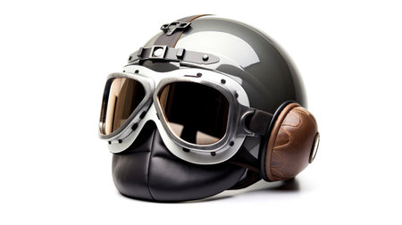 A new grey vintage helmet and wind goggle isolated on white background. Generative Aiの素材