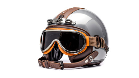 A new grey vintage helmet and wind goggle isolated on white background. Generative Aiの素材