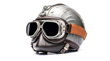 A new grey vintage helmet and wind goggle isolated on white background. Generative Aiの素材