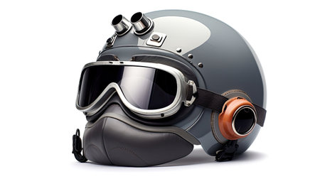 A new grey vintage helmet and wind goggle isolated on white background. Generative Aiの素材