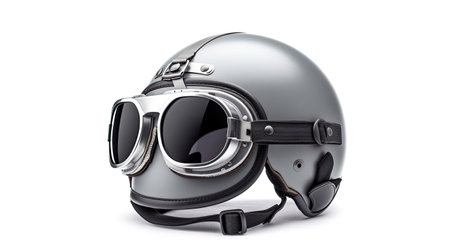 A new grey vintage helmet and wind goggle isolated on white background. Generative Aiの素材