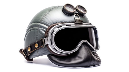 A new grey vintage helmet and wind goggle isolated on white background. Generative Aiの素材