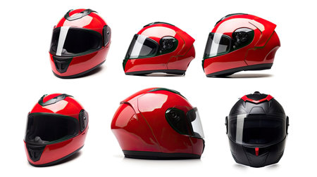 Set collection of red motorcycle carbon integral crash helmet isolated on white background. Generative Aiの素材