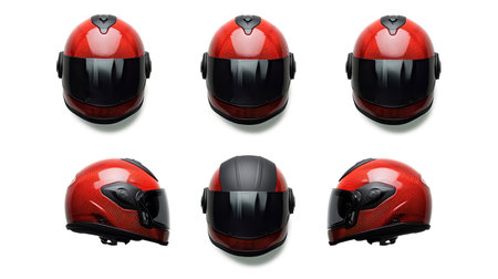 Set collection of red motorcycle carbon integral crash helmet isolated on white background. Generative Aiの素材