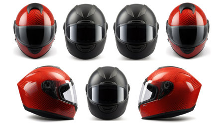 Set collection of red motorcycle carbon integral crash helmet isolated on white background. Generative Aiの素材