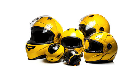 Set collection of yellow motorcycle carbon integral crash helmet isolated on white background. Generative Aiの素材