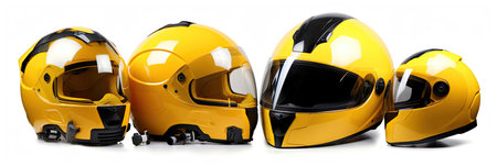 Set collection of yellow motorcycle carbon integral crash helmet isolated on white background. Generative Aiの素材