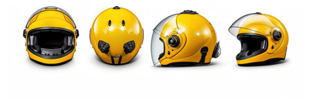Set collection of yellow motorcycle carbon integral crash helmet isolated on white background. Generative Aiの素材
