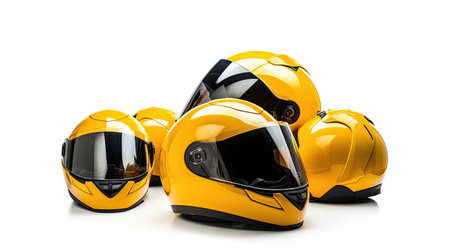 Set collection of yellow motorcycle carbon integral crash helmet isolated on white background. Generative Aiの素材