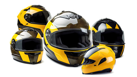 Set collection of yellow motorcycle carbon integral crash helmet isolated on white background. Generative Aiの素材