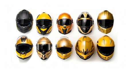 Set collection of yellow motorcycle carbon integral crash helmet isolated on white background. Generative Aiの素材