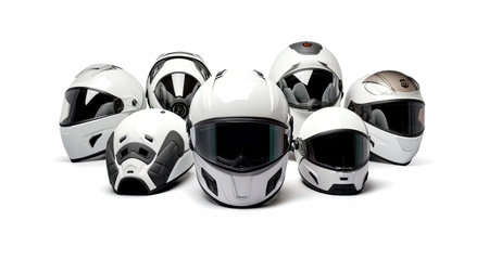 Set collection of White motorcycle carbon integral crash helmet isolated on white background. Generative Aiの素材