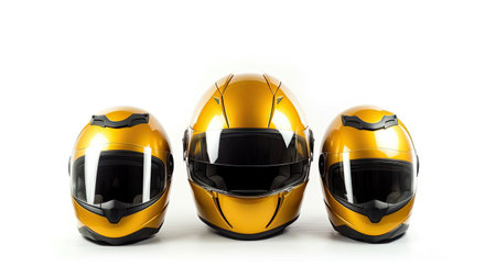 Set collection of yellow motorcycle carbon integral crash helmet isolated on white background. Generative Aiの素材