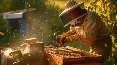 a Beekeeper is working with bees in apiary. Generative Aiの素材