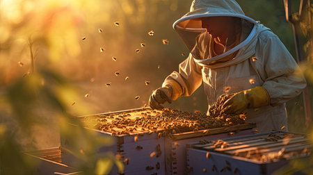 a Beekeeper is working with bees in apiary. Generative Aiの素材
