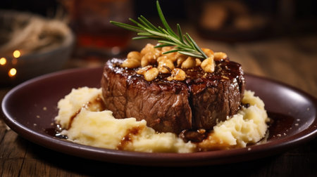 Beef steak with mashed potatoes on wooden table in the restaurant. Generative Aiの素材