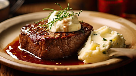 Beef steak with mashed potatoes on wooden table in the restaurant. Generative Aiの素材