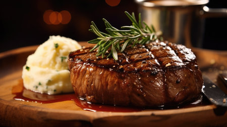Beef steak with mashed potatoes on wooden table in the restaurant. Generative Aiの素材