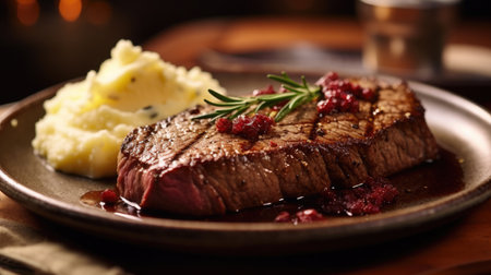 Beef steak with mashed potatoes on wooden table in the restaurant. Generative Aiの素材