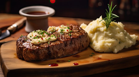 Beef steak with mashed potatoes on wooden table in the restaurant. Generative Aiの素材